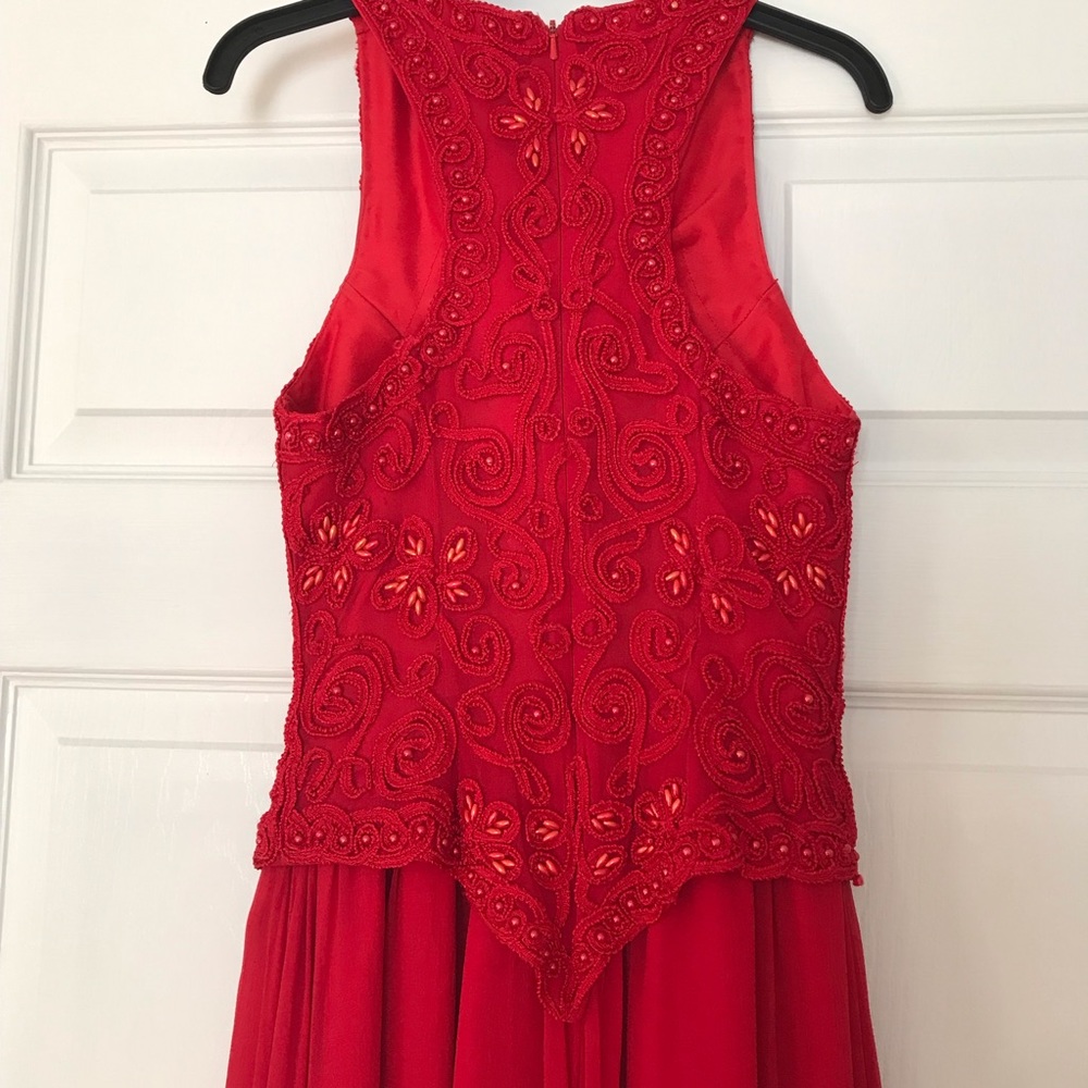 Red 100% silk, hand beaded, long formal modest dress by Baluchi; size 2. - Picture 3 of 15